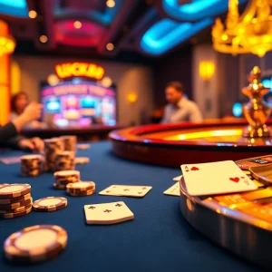 Experience the thrill of luck8 with poker chips and roulette at a vibrant casino.