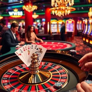 WW88 players engaging in lively casino activities with roulette, poker, and vibrant slot machines.