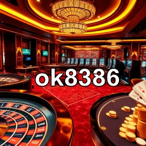Experience high-stakes betting at ok8386 with vibrant tables and engaging players in a luxurious casino environment.