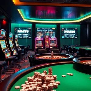 Experience MM99's vibrant casino atmosphere filled with modern slot machines and poker action.