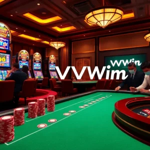 Players enjoying poker and slot machines at VVVWin's vibrant online casino setup.