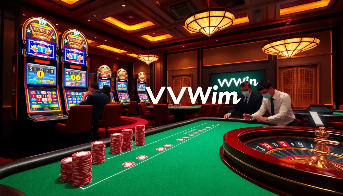 Players enjoying poker and slot machines at VVVWin's vibrant online casino setup.