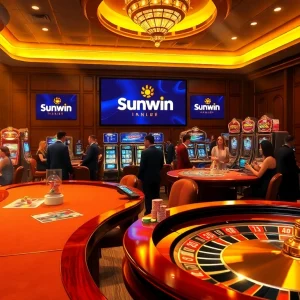 Players enjoying a thrilling game experience at Sunwin casino with poker chips and cards.