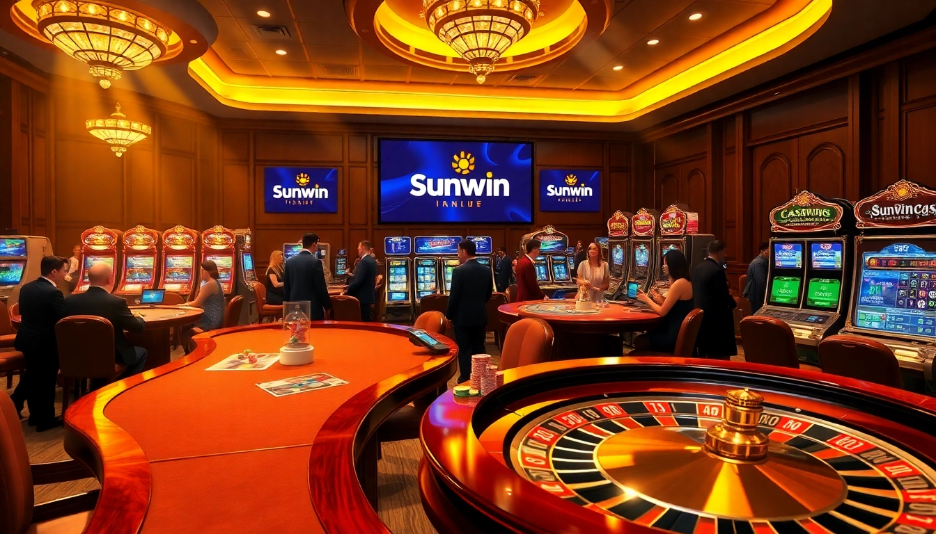 Players enjoying a thrilling game experience at Sunwin casino with poker chips and cards.