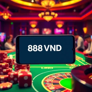 Exciting gameplay interaction with the 888VND app on a smartphone amidst vibrant casino elements.