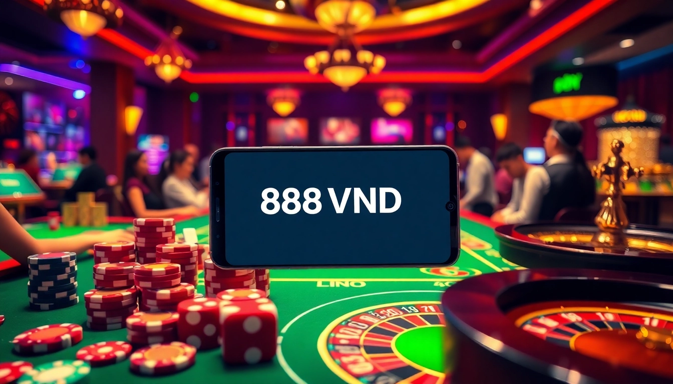 Exciting gameplay interaction with the 888VND app on a smartphone amidst vibrant casino elements.