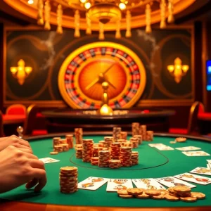 Max88 players engaged in high-stakes poker amid a vibrant casino atmosphere.