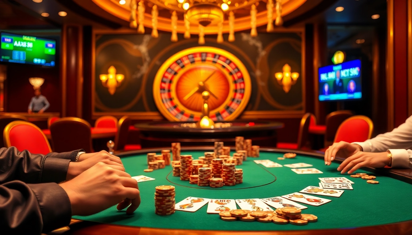 Max88 players engaged in high-stakes poker amid a vibrant casino atmosphere.