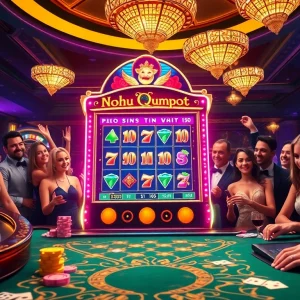 Nohu slot machine showcasing a jackpot win with colorful poker chips in an exciting casino environment.