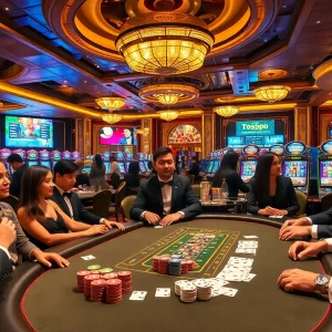 Gamblers strategizing their moves at a high-stakes poker game in tg88 casino.