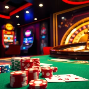 Experience the ultimate ev88 bet excitement with a luxurious online casino scene featuring vibrant slot machines and poker elements.