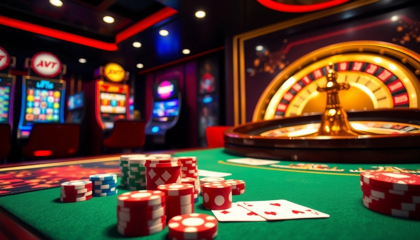 Experience the ultimate ev88 bet excitement with a luxurious online casino scene featuring vibrant slot machines and poker elements.