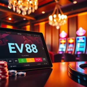 Experience the thrill of ev88 with a vibrant gaming setup featuring casino elements.