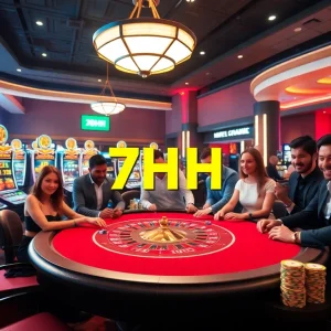 Experience excitement with 7HH com é confiável at a luxurious poker table in a vibrant casino scene.