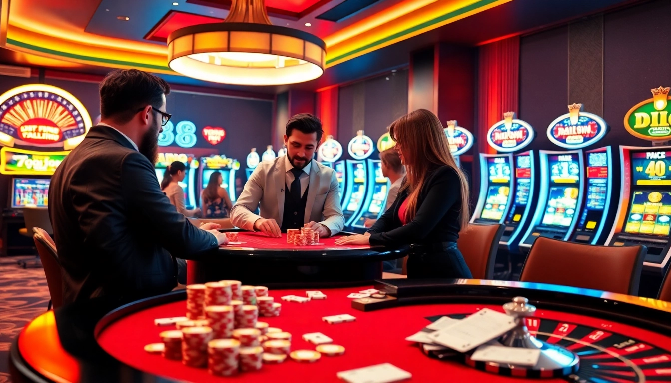 Exciting 789club casino scene with players enjoying poker and colorful slot machines