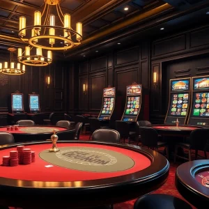 Experience the thrill of gambling at https://luck8v.us.com/ with a luxurious casino scene showcasing roulette and card games.