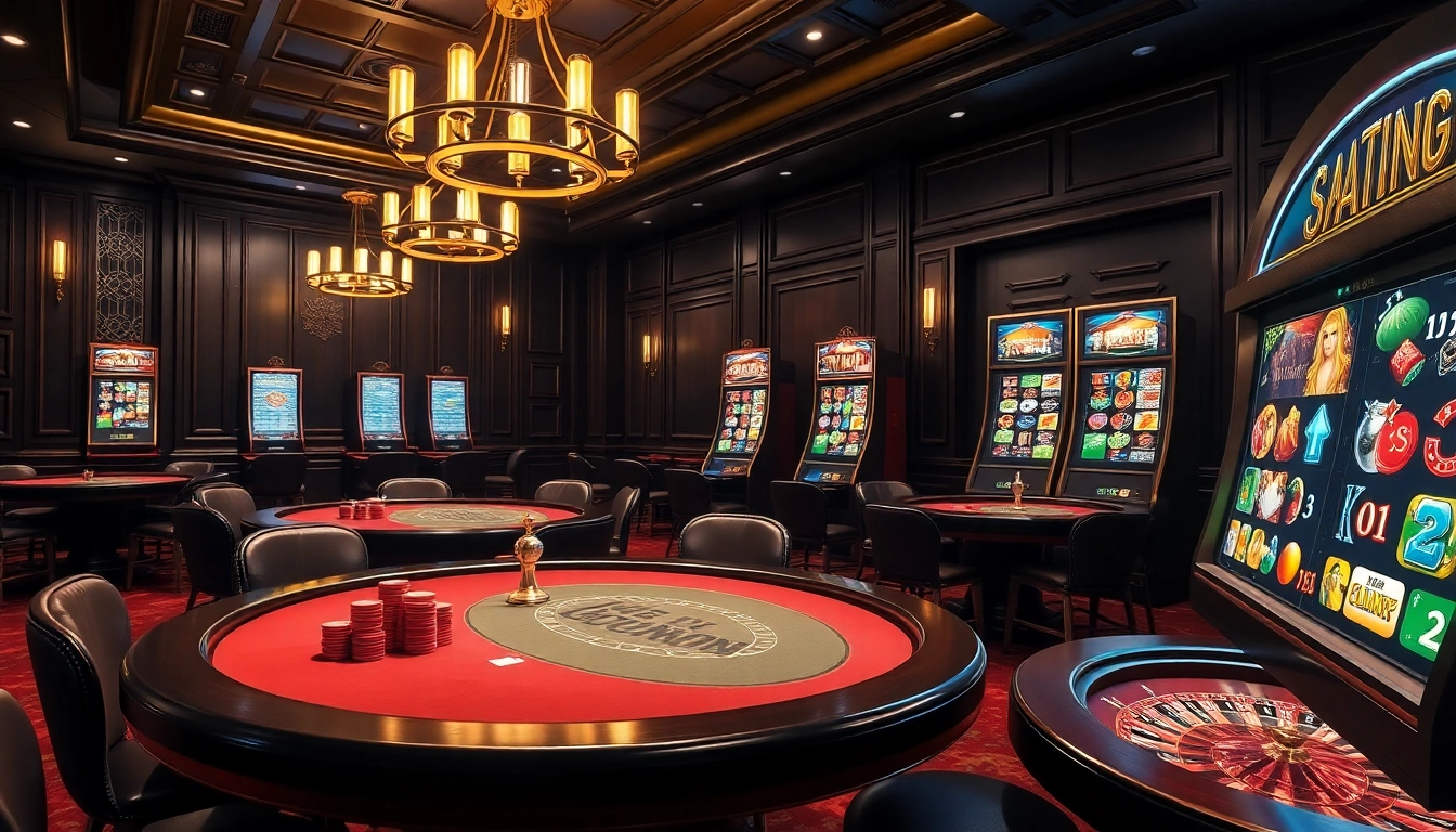 Experience the thrill of gambling at https://luck8v.us.com/ with a luxurious casino scene showcasing roulette and card games.