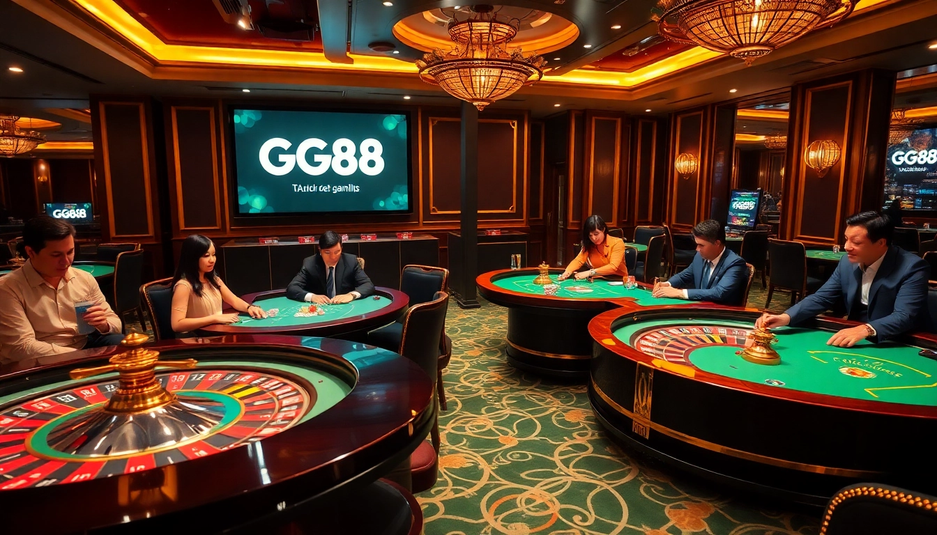 Exciting gambling action at GG88 casino featuring vibrant tables and enthusiastic players.
