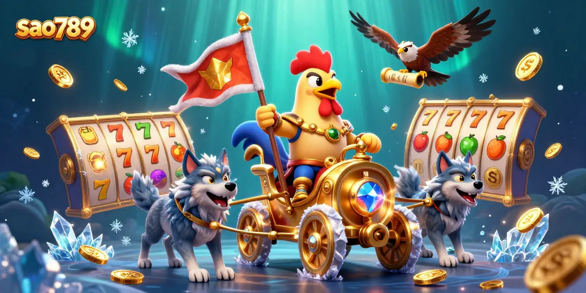 Experience the excitement of sao789 with a vibrant illustration of a rooster warlord commanding golden symbols and dynamic elements.
