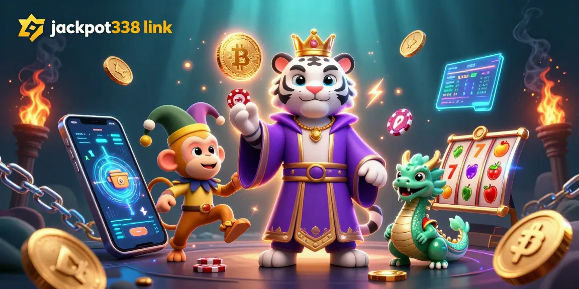 Spin to win with jackpot338 link in this vibrant casino-themed 3D illustration.