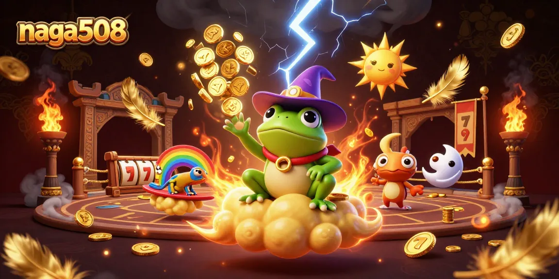 Naga508 players enjoy spinning slot reels with golden coins and dynamic characters.