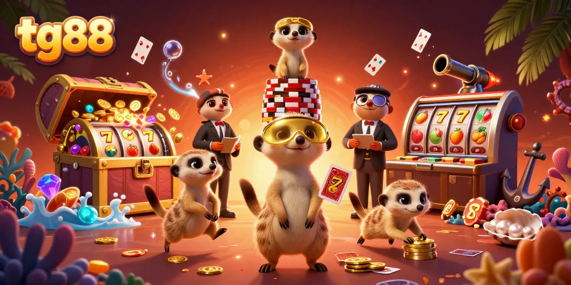 Experience thrilling gameplay at tg88 with meerkats managing a bustling casino filled with slot games and treasures.