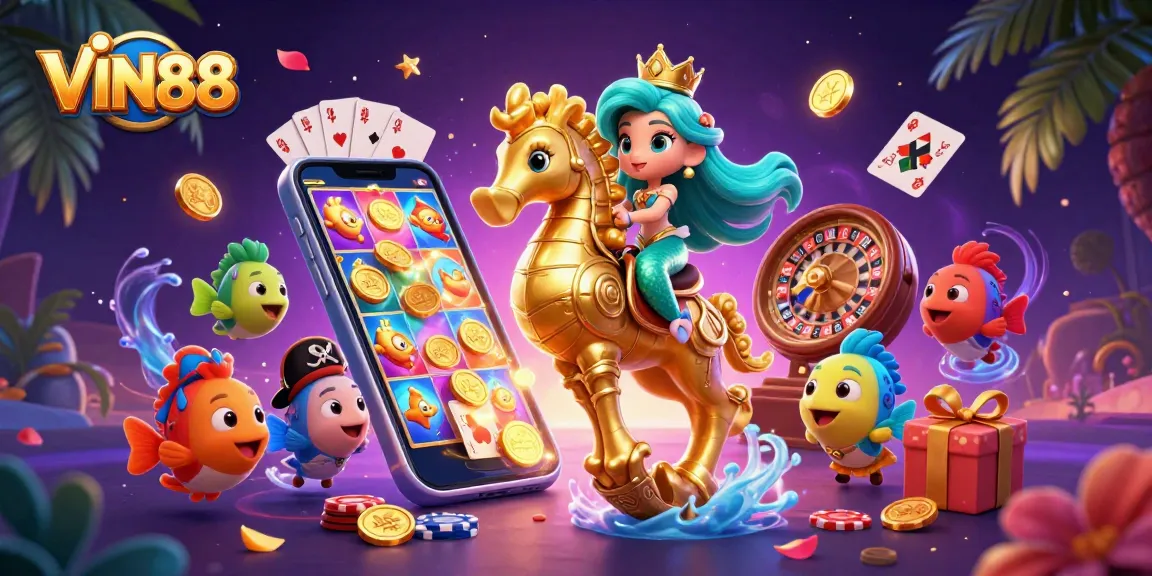 Win big at VIN88 with a colorful 3D mermaid casino illustration showcasing exciting gaming elements.