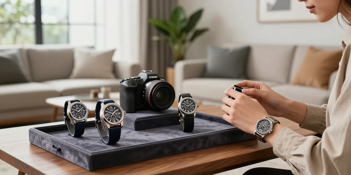 Showcasing super clone watches in an elegant modern setting, emphasizing luxury and detail.