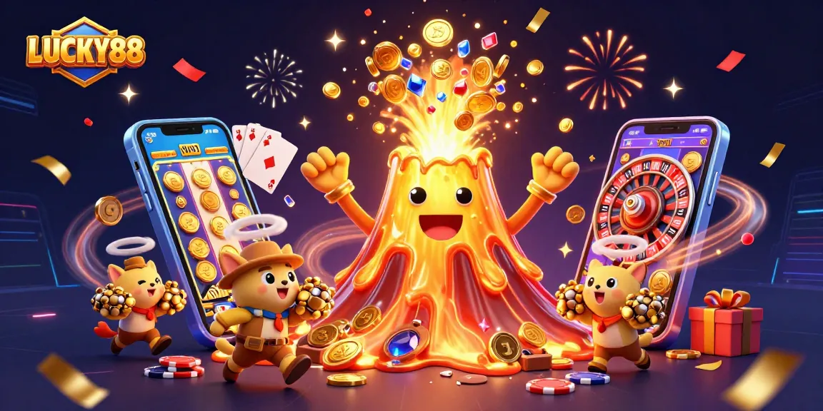 LUCKY88 brings forth excitement as a golden volcano erupts treasures amidst vibrant casino action.
