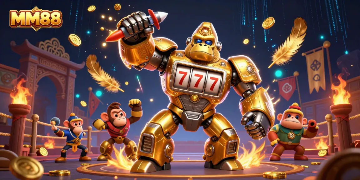 Engage with MM88's dynamic gambling scene featuring a golden gorilla mech and vibrant casino elements.
