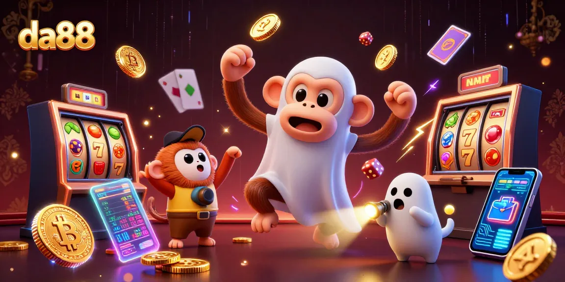 Experience thrilling gameplay with da88, featuring a lively casino scene with playful characters and cryptocurrency elements.