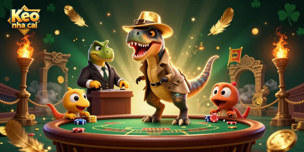 Engage with Keo nha cai for a thrilling cartoon scene featuring a velociraptor card counter and a stegosaurus pit boss.