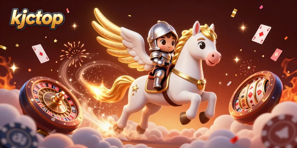 Engage with kjctop's exciting casino experience through this ultra-detailed 3D illustration showcasing a fun knight and a celestial horse!
