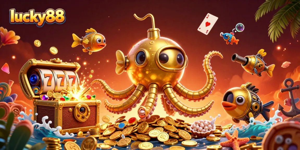 Experience thrilling wins with lucky88 in a vibrant underwater casino art filled with gold coins and slot elements.