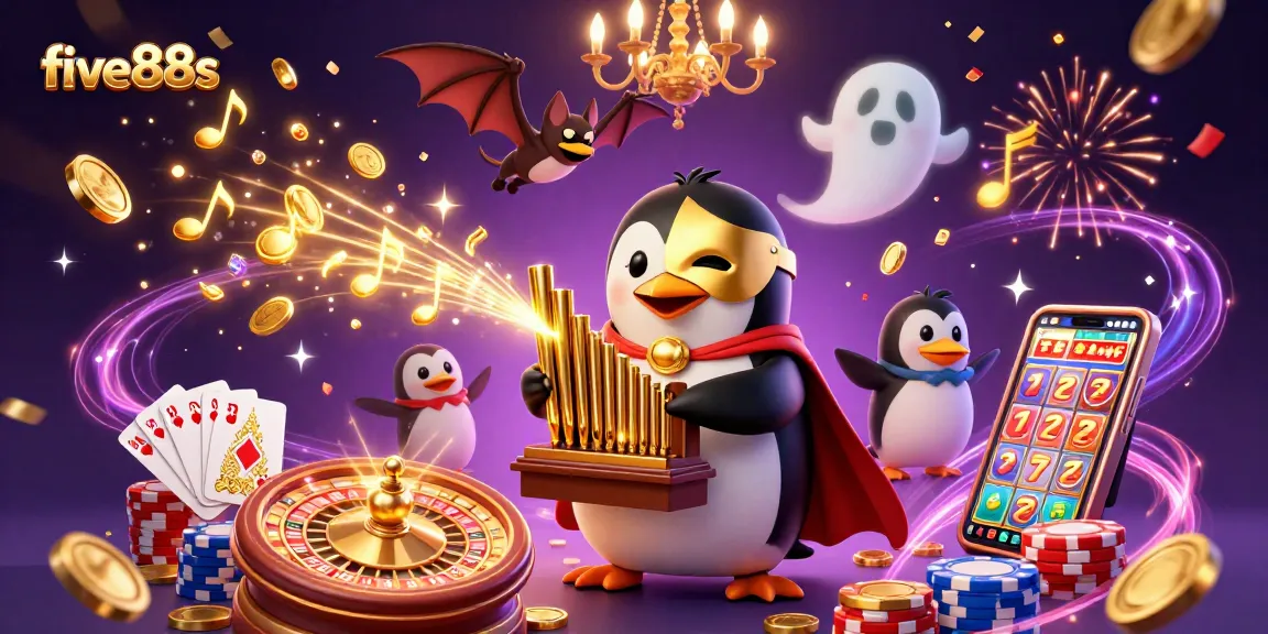 five88s reveals a vibrant casino scene with a penguin playing an organ as coins cascade around.