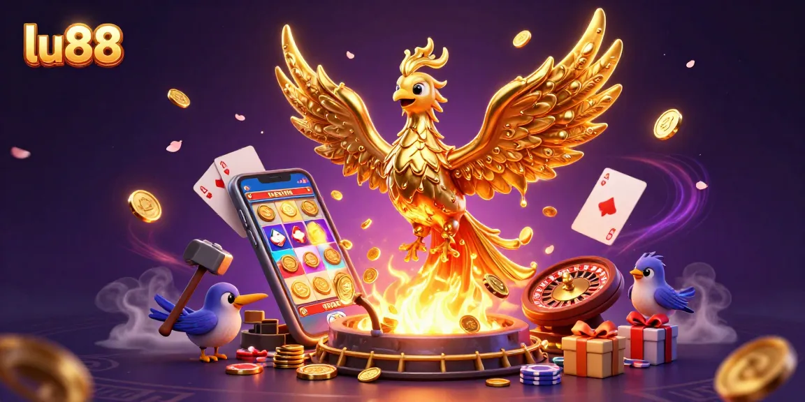 Experience thrilling slots at lu88 with golden phoenix and dynamic casino elements in vibrant illustration.